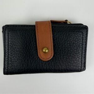 Fossil Black Brown Leather Tab Wallet Brass Hardware